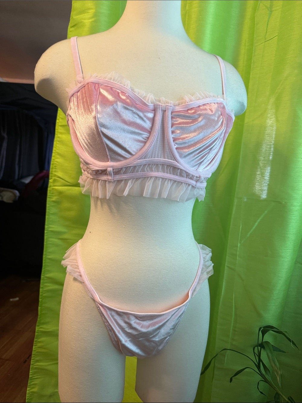 Pink Satin Ruffle Bralette & Bikini Set - Women Intimates